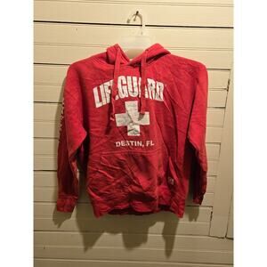 Lifeguard Hoodie Mens M Red Pullover Destin FL Graphic Fleece Kangaroo Pocket